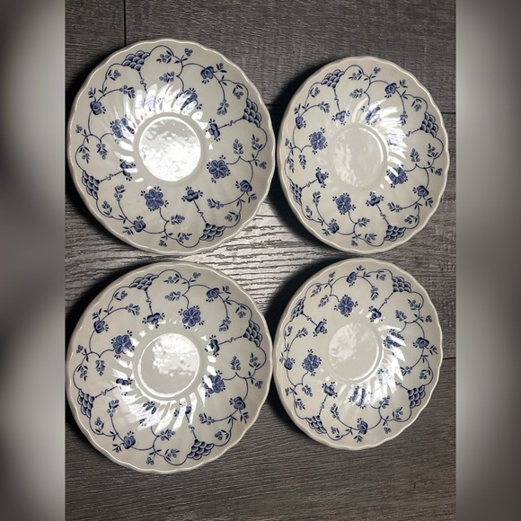 MYOTT FINLANDIA FINE STAFFORDSHIRE WARE ENGLAND VINTAGE BLUE WHITE PLATES (4) - Picture 1 of 4